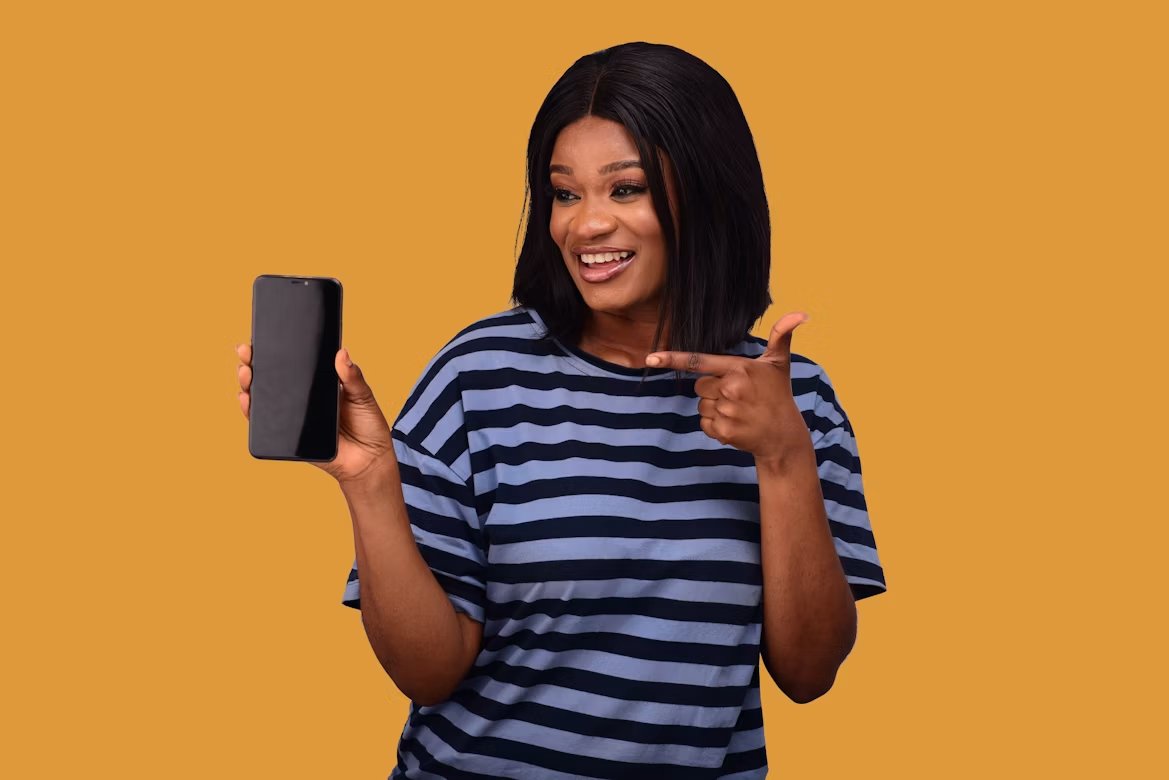 Happy customer showing off her new phone